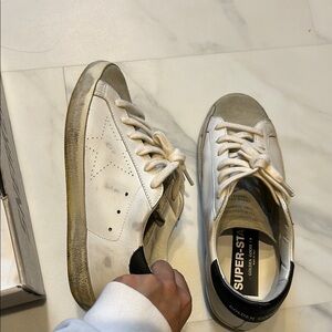Golden Goose White Sneakers with Beige Distress and Black Heel